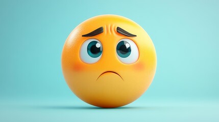 Fototapeta premium A 3D rendered sad face emoji with large blue eyes and downturned eyebrows, set against a light blue background.
