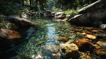 Obraz premium Tranquil Forest Stream: Glistening Water Flowing Over Mossy Rocks Landscape