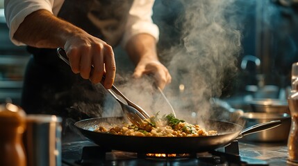 Chef Cooking Food on Stove with Tongs and Steam