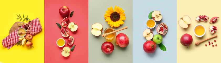 Set of apples, pomegranates and honey on color background. Rosh Hasahanh (Jewish New Year) celebration