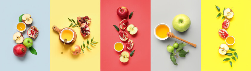 Set of apples, pomegranates and honey on color background. Rosh Hasahanh (Jewish New Year)...