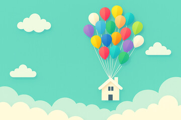 Cartoon house lifted by colorful balloons against a turquoise sky with fluffy white clouds.