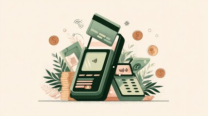 Seamless transactions flourish with digital payments, credit cards, and cash, symbolizing financial growth and modern commerce in a vibrant, stylized scene.