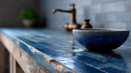 A close up of a rustic blue tiled countertop with a ceramic bowl and vintage faucet