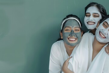 Smiling women with facial masks, spa fun