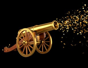 A golden cannon on wooden wheels fires gold confetti against a black background