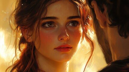 Romantic Couple Golden Hour Portrait Digital Painting