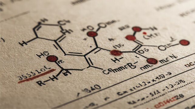 Detailed chemical structure diagram with handwritten notes and annotations showcasing scientific research and discovery on aged paper