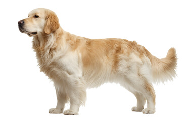 A golden retriever stands alertly in a studio, with a white background highlighting its golden coat and fluffy fur. It has a friendly expression and stands in a profile view.