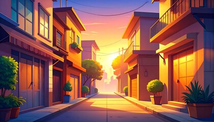 Fototapeta premium Sunrise cityscape street scene with colorful buildings.