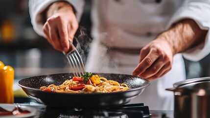 Chef Preparing Steaming Pasta Dish in Pan with Fork