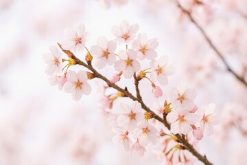 Obraz premium Delicate Cherry Blossom Branch with Soft Pink Flowers and Gentle Bokeh Background During Spring Season, Nature's Beauty Captured in Bloom