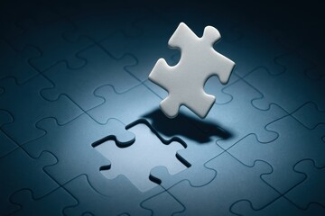 Obraz premium Isolated White Puzzle Piece Casting Shadow Over Dark Puzzle Background with Missing Piece in Blue Environment
