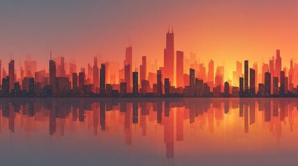 Fototapeta premium Stunning cityscape silhouette bathed in warm golden hour sunset light reflecting on calm water, evoking modern urban dreams and vibrant city life.