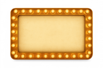 Vintage gold frame surrounding illuminated blank sign, glowing light bulbs highlighting empty signage against transparent backdrop