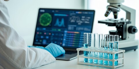Scientist analyzing data on laptop with microscope and test tubes