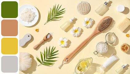 Composition with bath supplies, natural body scrub, cosmetic products and flowers on color background