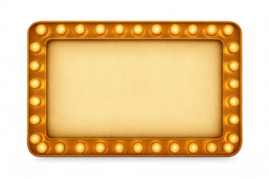 Vintage gold frame surrounding illuminated blank sign, glowing light bulbs highlighting empty signage against transparent backdrop