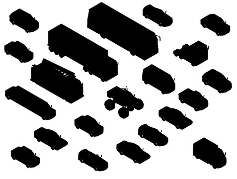A low poly set of black car silhouettes arranged in a dynamic group on a clean white background. The minimalist design features geometric shapes and sharp angles. Isometric view