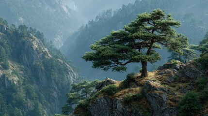 Misty Mountains and Evergreen Guardian Tree in a Tranquil Landscape
