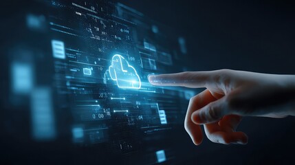 Dynamic finger interacting with glowing digital cloud interface, representing secure data access and futuristic technology concepts.