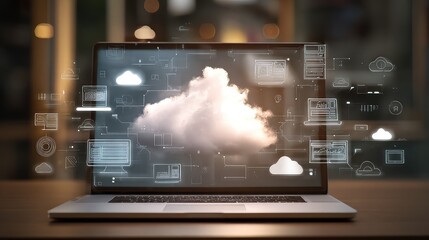 Stunning laptop displays dynamic cloud computing interface with futuristic data streams and glowing network icons, representing digital transformation and innovation.