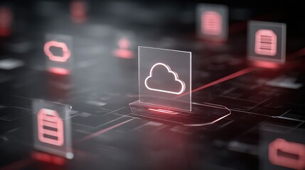 Glowing cloud icon on digital interface symbolizing data connection and network infrastructure in a futuristic abstract design