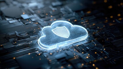 Secure cloud computing symbol glows brightly over intricate digital circuitry, representing data protection and advanced technology solutions