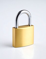 Fototapeta premium A gold padlock with a silver shackle sits on a white background