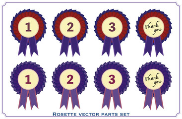 1位2位3位とThank you文字入りの紫と赤のロゼットベクターセット｜順位付き表彰デザインと感謝リボンコレクション
