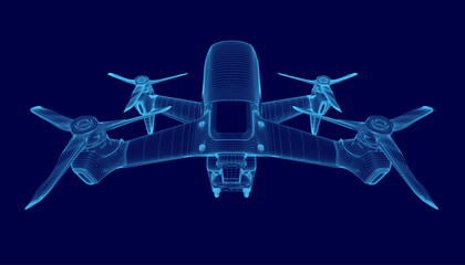 A 3D wireframe model of a drone displays intricate technical details against a solid blue background. The blueprint-style rendering highlights the aircraft's structure, components.
