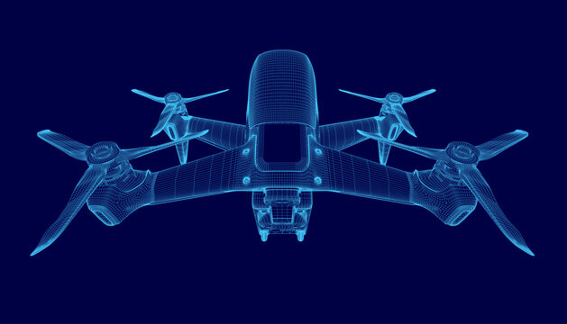 A 3D wireframe model of a drone displays intricate technical details against a solid blue background. The blueprint-style rendering highlights the aircraft's structure, components.