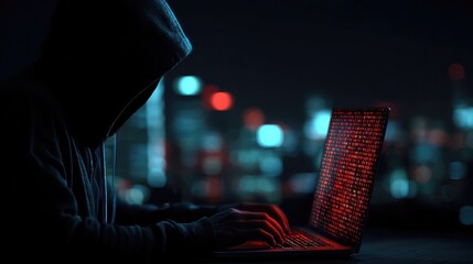 Mysterious figure in hoodie intensely typing on laptop displaying glowing red binary code against a blurred city night background, embodying digital crime and cybersecurity themes.