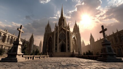 Fototapeta premium Grand gothic cathedral in a paved plaza