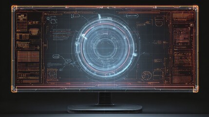 Advanced futuristic HUD interface displays complex data streams and global navigation system with circular progress indicator creating a dynamic digital dashboard for sci-fi concept.