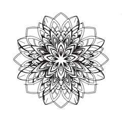 Intricate black and white flower mandala illustration for meditation and spiritual harmony. Symmetrical ornamental line art.