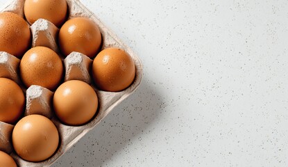 Fresh eggs carton kitchen counter speckled background food prep