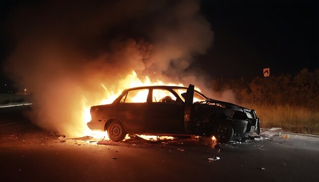 fire in the car and blast after the road accident at night, created with generative ai