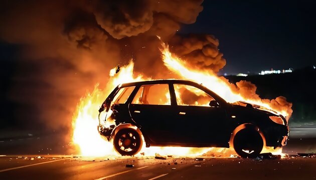 fire in the car and blast after the road accident at night, created with generative ai