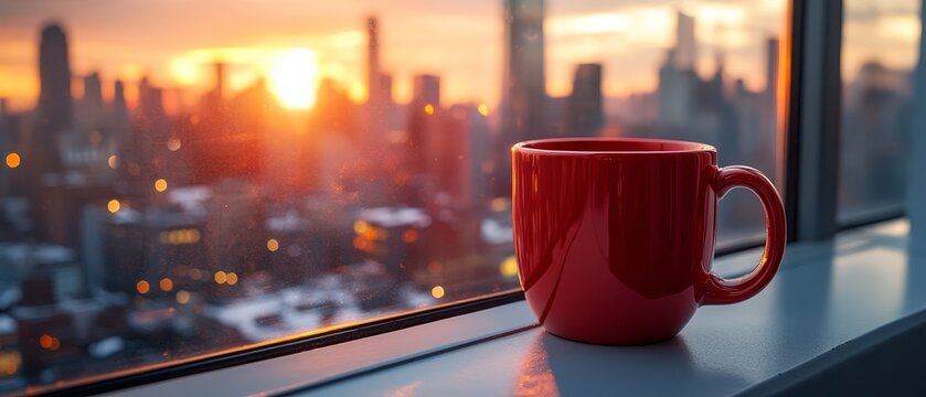 Red Mug Sunrise Cityscape Window View - Powered by Adobe
