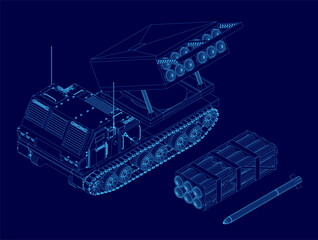 A detailed blueprint of a military tank with visible tracks, turret, and launcher features. The wireframe design stands out against a solid blue background.