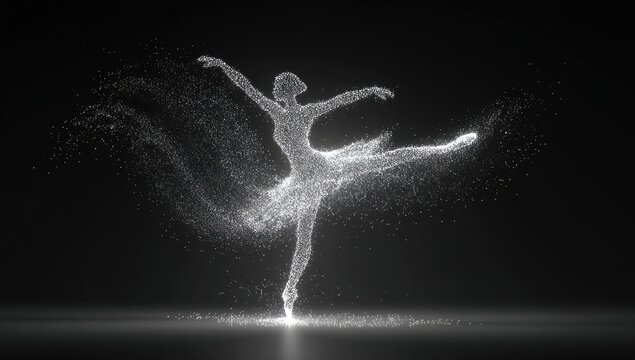 Ballerina dancing, dark studio, sparkling particles, pointe, elegant art