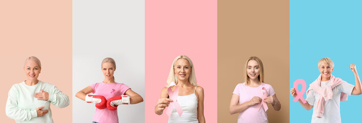 Collage of many women with pink ribbons on color background. Breast cancer awareness concept