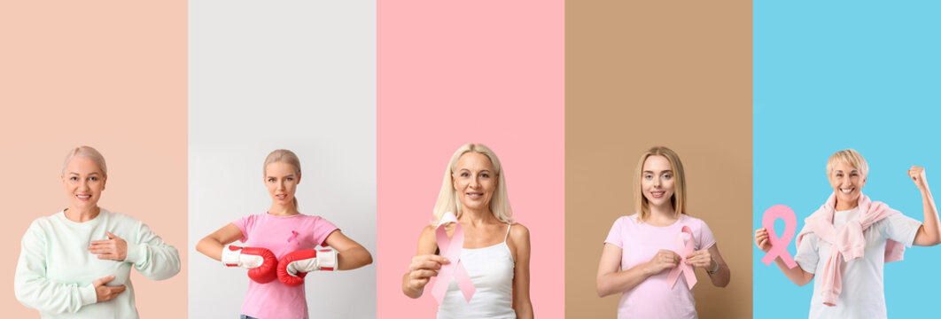 Collage of many women with pink ribbons on color background. Breast cancer awareness concept - Powered by Adobe