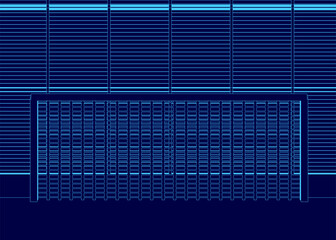Soccer pitch building interior blueprint with detailed contour lines and structural elements on a blue background. The design features spatial planning for sports facilities, highlighted by precise.