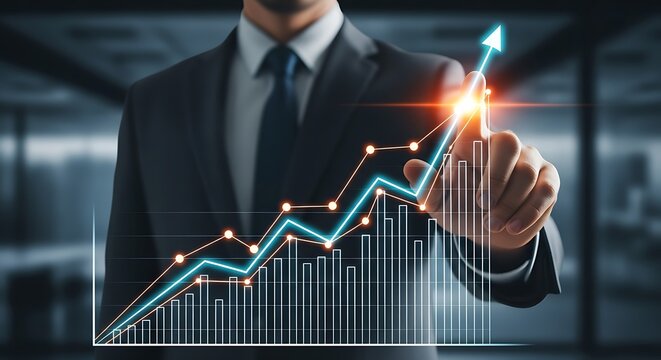 Business growth and success concept showing rising arrow graph with businessman aiming for profit and positive financial trend demonstrating increased performance
