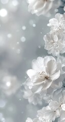 Delicate white blossoms against a soft, gray background