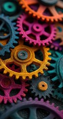 Close-up view of intricately designed, colorful gears.  A multitude of gears of various sizes and shades of vibrant colors, including pink, purple, teal, orange, and yellow, are tightly interwoven.  