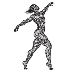 An artistic black and white illustration of a muscular male figure in a dynamic dance pose, with abstract swirls representing energy and anatomy.