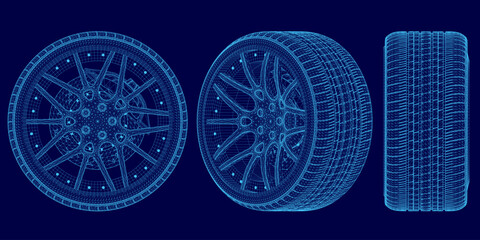 A 3D wireframe model of a car wheel displays intricate structural details on a solid blue background. The blueprint-style rendering highlights the wheel's design with precision.